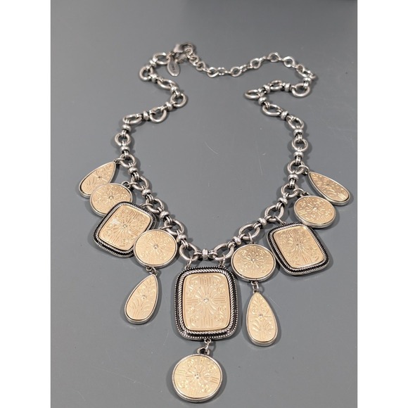 Chicos Reversible Golden Silver Tone Textured Bib Statement Necklace 22 in - Picture 3 of 11